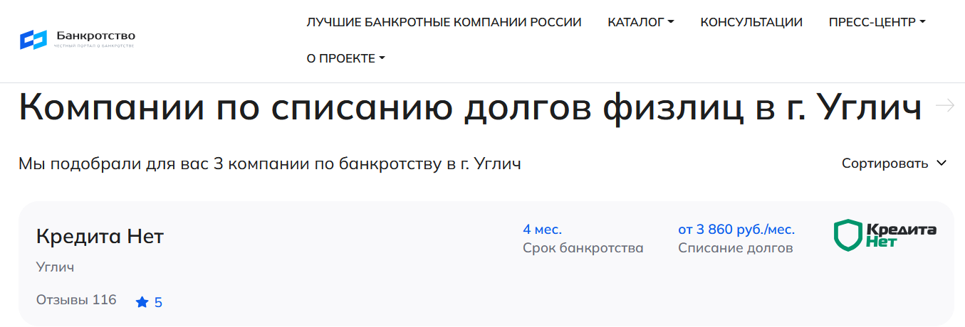 КредитаНет – первые в рейтинге компаний по банкротству в Угличе на сайте Банкротство Инфо